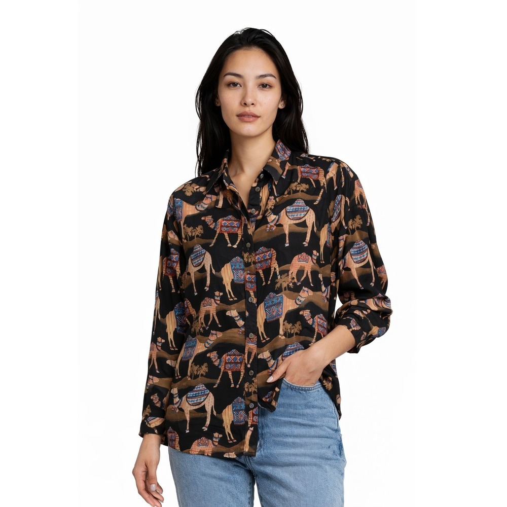 J.McLaughlin Silk Blend Blouse Women's Size Small Camel Print Silk Shirt Top